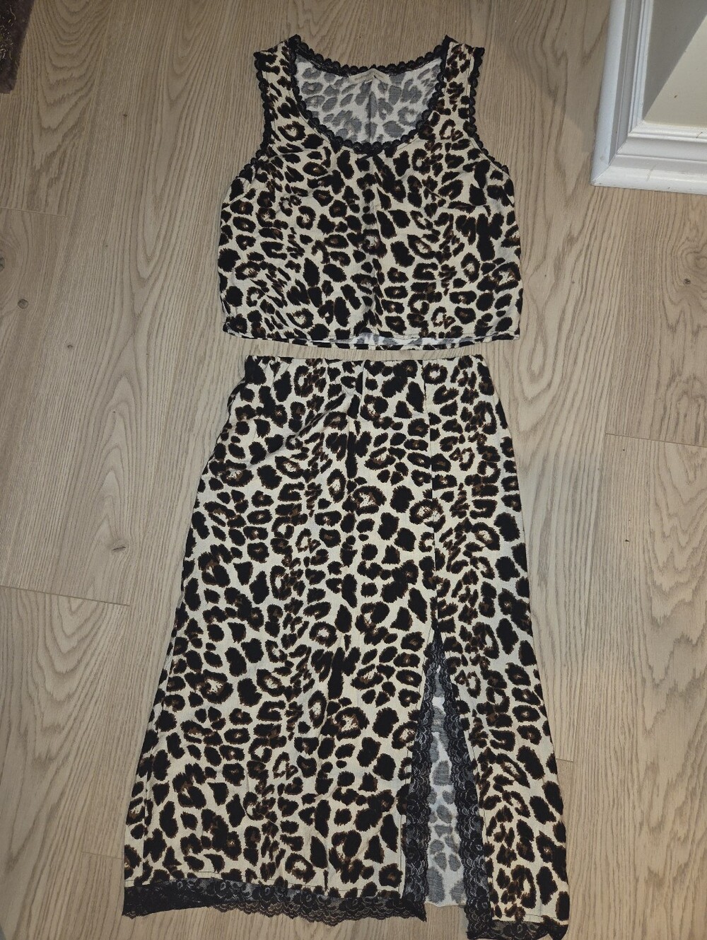 Leopard Print Two-Piece Crop Top & Skirt Set - Black & Tan - 90% Rayon 10% Nylon